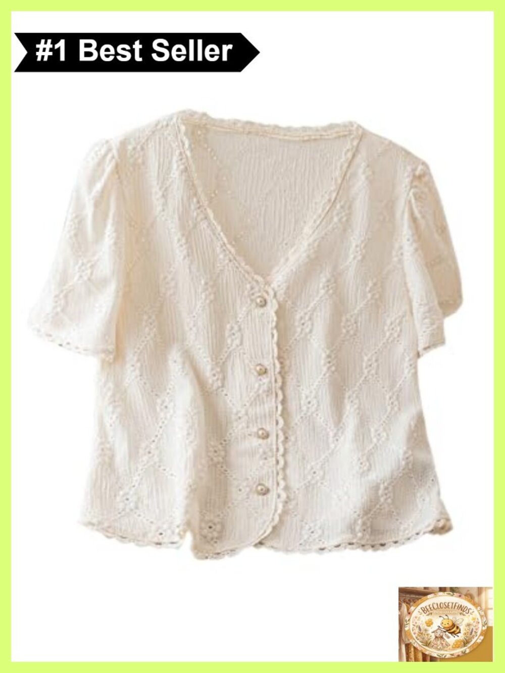 Women's Floral Embroidered Button Down Blouse V-Neck Puff Sleeve Frill Trim